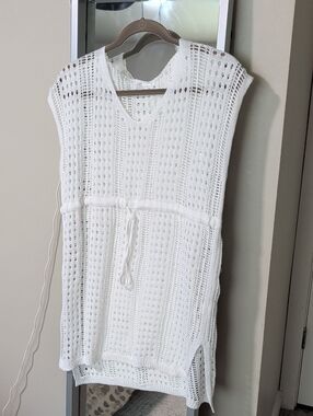 White Crochet Knit V-Neck Tie-Waist Cover Up